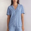 Bluzka z Krótkim Rękawem z Modalu Rozpinana z Przodu Oxford Stripes