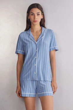 Bluzka z Krótkim Rękawem z Modalu Rozpinana z Przodu Oxford Stripes