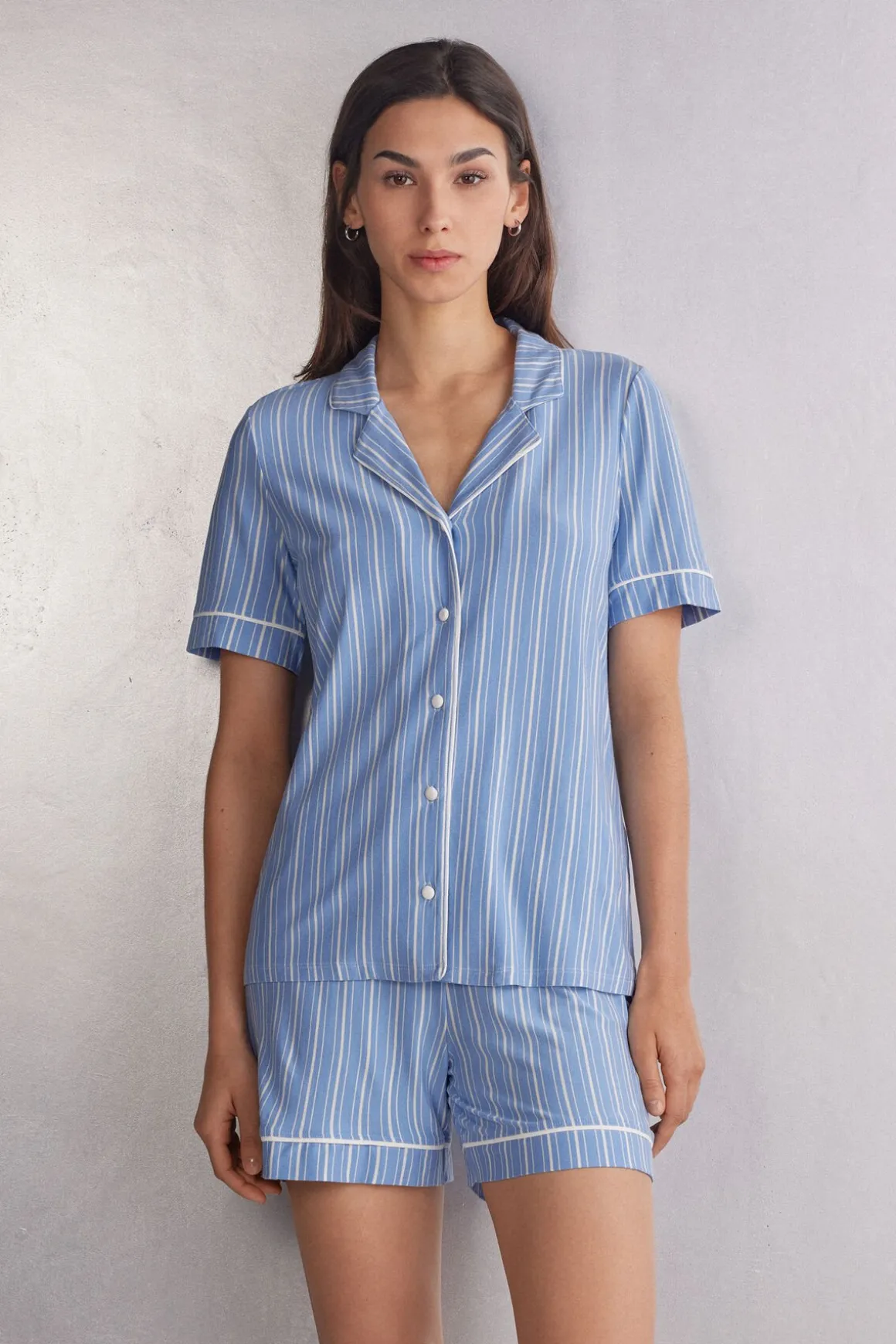 Bluzka z Krótkim Rękawem z Modalu Rozpinana z Przodu Oxford Stripes