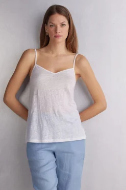 Lniany Top z Dekoltem w Szpic