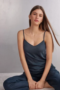 Lniany Top z Dekoltem w Szpic