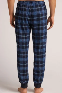 Spodnie z Czesanej Bawełny z Nadrukiem w Kratę Niebieski Denim
